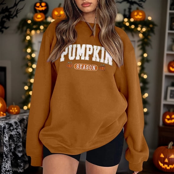 Womens Sweatshirt Crew Neck Vintage Halloween Pumpkin Season Letter Graphic Long Sleeve Oversized Streetwear Holiday Loose Pullover Tops Brown XL