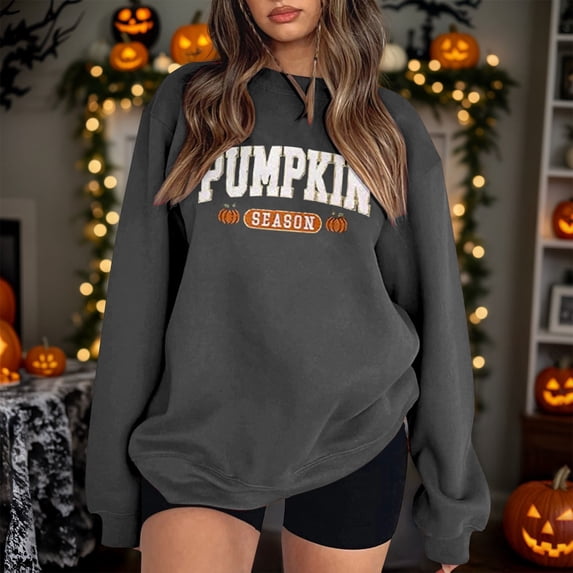 Womens Sweatshirt Crew Neck Vintage Halloween Pumpkin Season Letter Graphic Long Sleeve Oversized Streetwear Holiday Loose Pullover Tops Dark Gray S