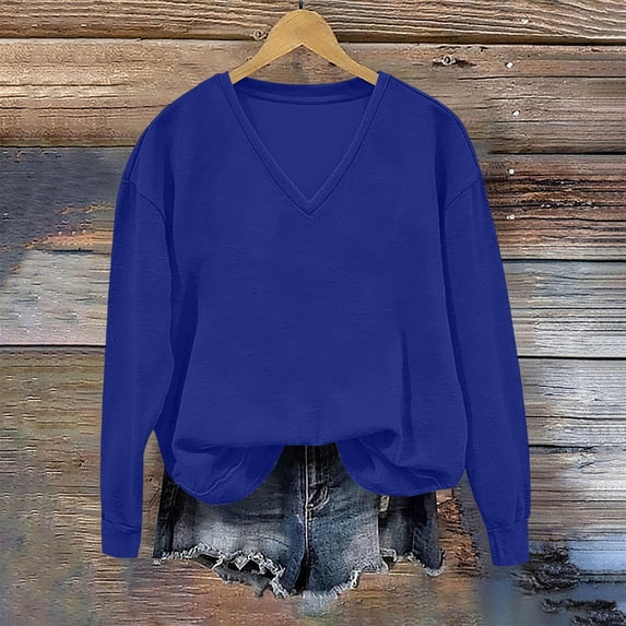 Womens Sweatshirt Crewneck Long Sleeve Shirts Loose Fit Pleated Front Tops Fall Fashion Blue M