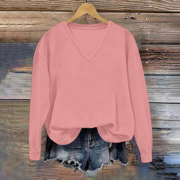 Womens Sweatshirt Crewneck Long Sleeve Shirts Loose Fit Pleated Front Tops Fall Fashion Pink L