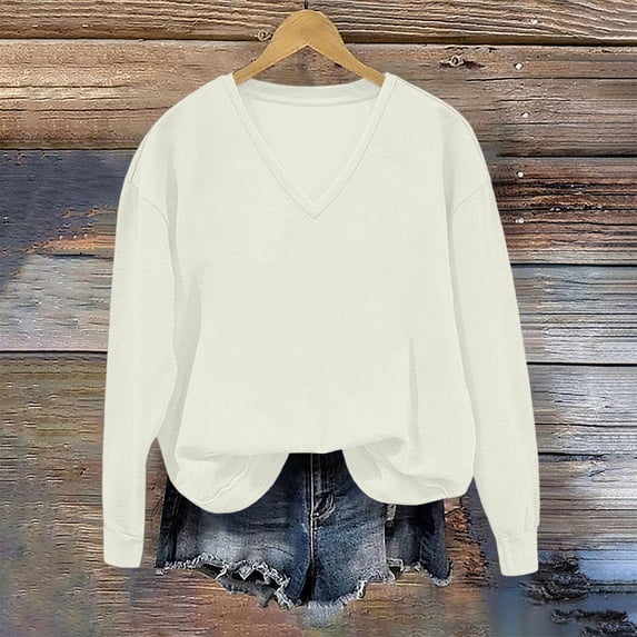 Womens Sweatshirt Crewneck Long Sleeve Shirts Loose Fit Pleated Front Tops Fall Fashion White M