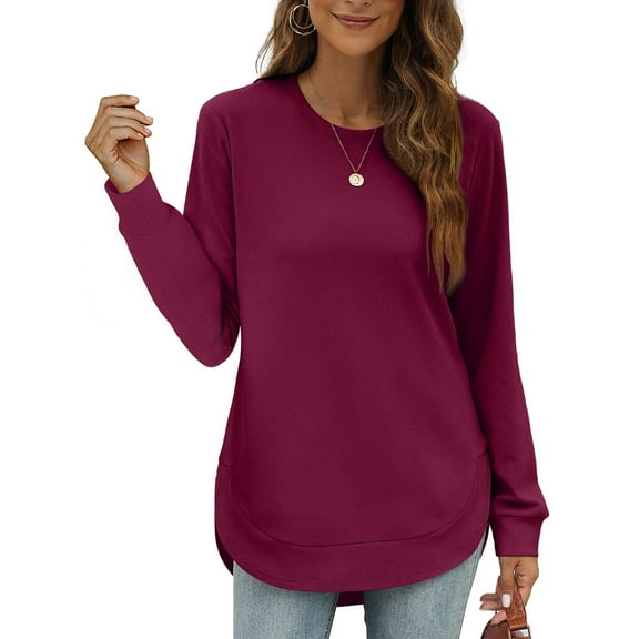 Womens Sweatshirt Crewneck Long Sleeve Shirts Loose Tops Curved Hem Pullover Fall Fashion Winter Clothing Wine S