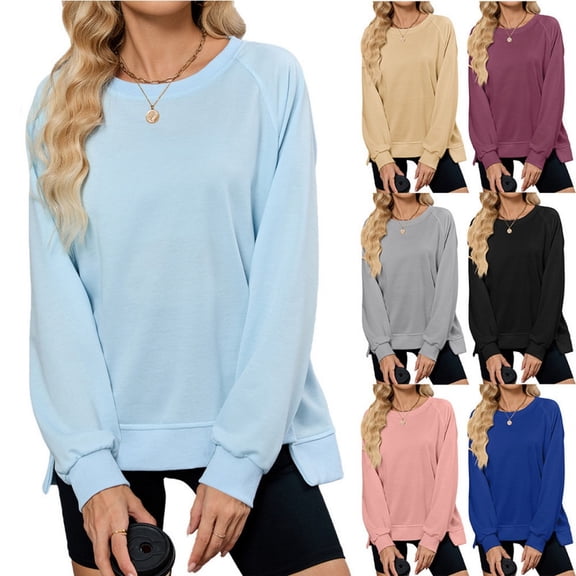 Womens Sweatshirt Crewneck Long Sleeve Shirts Pullover Casual Fashion Comfy High Low Tops Curved Hem Shirts Plain Basic Tee Fall Trendy Spring Top