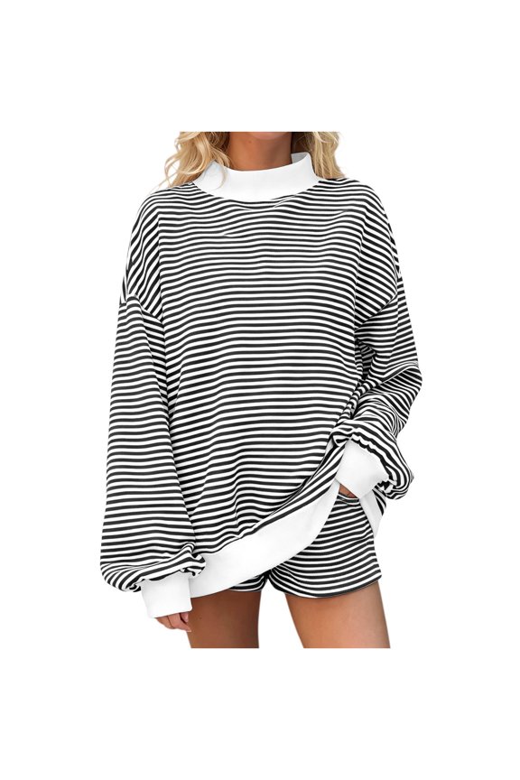 Womens Sweatshirt Cute Striped Long-Sleeve Mock Neck Pullover Comfortable Fall Winter Top