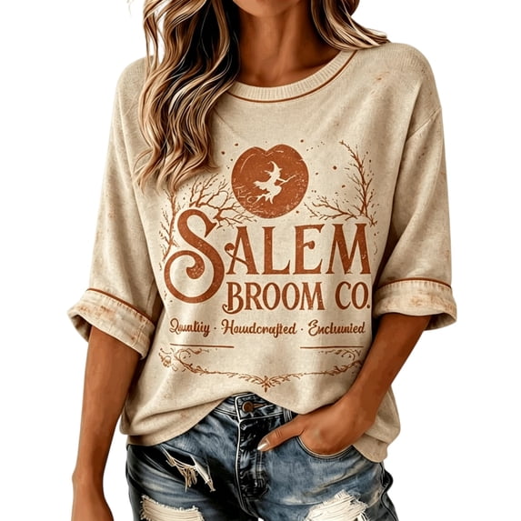 Womens Sweatshirt Distressed Washed Crew Neck Broom Witch Print 3/4 Sleeve Pullover Relaxed Fit Casual Fall Festival Halloween Top Khaki XXXXXL