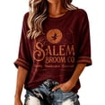 thumbnail image 1 of Womens Sweatshirt Distressed Washed Crew Neck Broom Witch Print 3/4 Sleeve Pullover Relaxed Fit Casual Fall Festival Halloween Top Wine XXXXL, 1 of 3