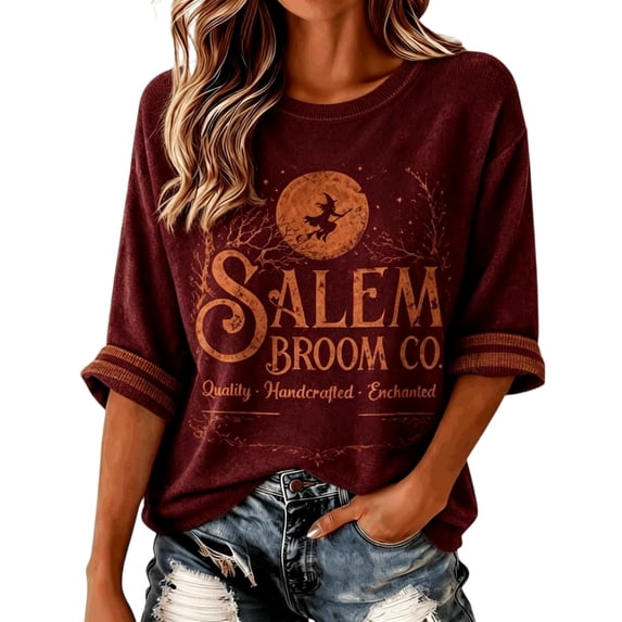 Womens Sweatshirt Distressed Washed Crew Neck Broom Witch Print 3/4 Sleeve Pullover Relaxed Fit Casual Fall Festival Halloween Top Wine XXXXL