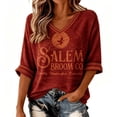 thumbnail image 1 of Womens Sweatshirt Distressed Washed V Neck Broom Witch Print 3/4 Sleeve Pullover Relaxed Fit Casual Fall Festival Halloween Top Red XL, 1 of 5