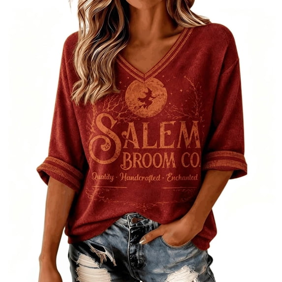 Womens Sweatshirt Distressed Washed V Neck Broom Witch Print 3/4 Sleeve Pullover Relaxed Fit Casual Fall Festival Halloween Top Red XL
