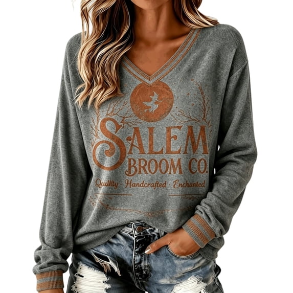 Womens Sweatshirt Distressed Washed V Neck Broom Witch Print Long Sleeve Pullover Relaxed Fit Casual Fall Festival Halloween Top Gray L