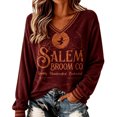 thumbnail image 1 of Womens Sweatshirt Distressed Washed V Neck Broom Witch Print Long Sleeve Pullover Relaxed Fit Casual Fall Festival Halloween Top Wine M, 1 of 3