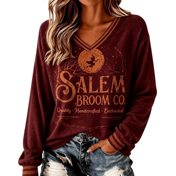 Womens Sweatshirt Distressed Washed V Neck Broom Witch Print Long Sleeve Pullover Relaxed Fit Casual Fall Festival Halloween Top Wine M