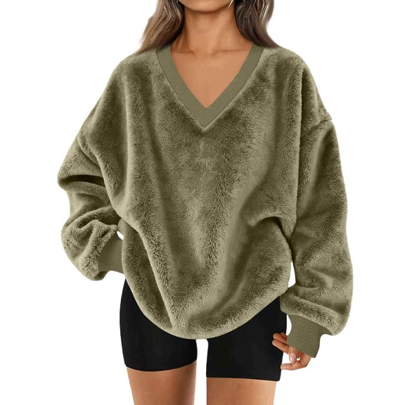 Womens Sweatshirt Double Fuzzy Fleece Soft Winter V Neck Pullover Hoodie Long Sleeve with Pockets Cozy Casual Tops Army Green XXL
