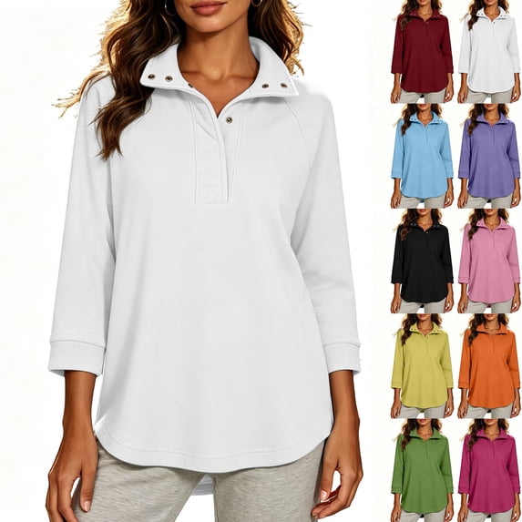 Womens Sweatshirt Dqueduo Women's Fall/Winter Casual Lapel Button-Front Sweatshirt – Three-Quarter Sleeves White S