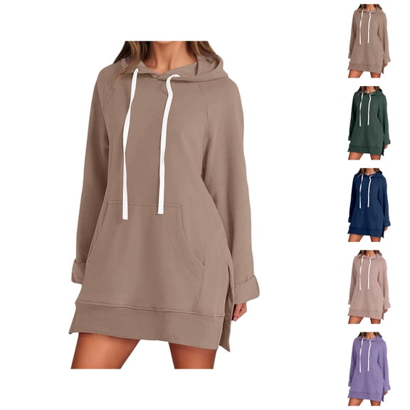 Womens Sweatshirt Dress 2026 Fall Winter Fashion Long Sleeve Side Split Hem Hoodie Dress with Pockets Pullover Top