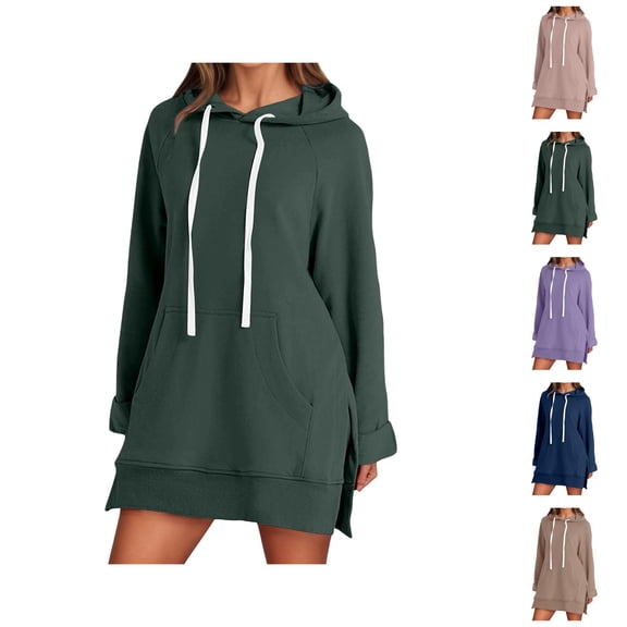 Womens Sweatshirt Dress 2026 Fall Winter Trendy Long Sleeve Side Slit Hem Hoodie Dress with Pockets Pullover Top