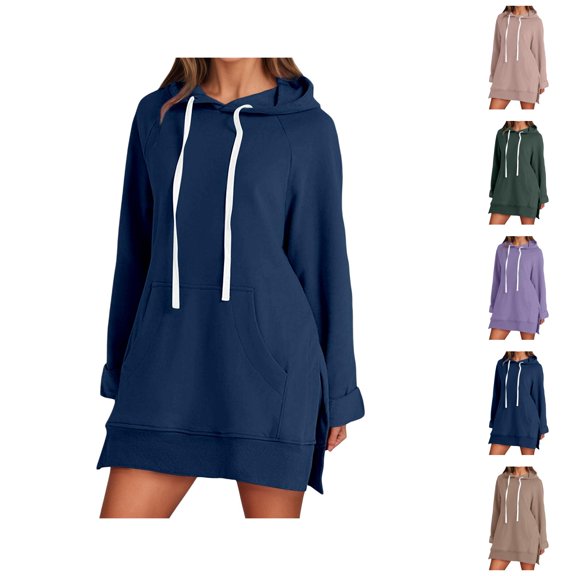 Womens Sweatshirt Dress 2026 Fall Winter Trendy Long Sleeve Side Slit Hem Hoodie Dress with Pockets Pullover Top