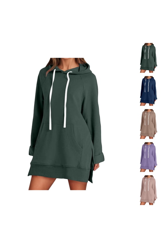 Womens Sweatshirt Dress 2026 Fall Winter Fashion Long Sleeve Side Split Hem Hoodie Dress with Pockets Pullover Top
