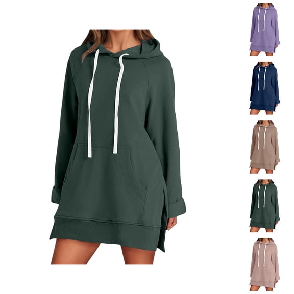 Womens Sweatshirt Dress 2026 Fall Winter Trendy Long Sleeve Side Split Hem Hoodie Dress with Pockets Pullover Top