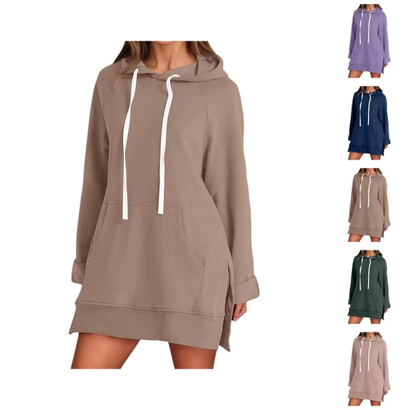 Womens Sweatshirt Dress 2026 Fall Winter Trendy Long Sleeve Side Split Hem Hoodie Dress with Pockets Pullover Top