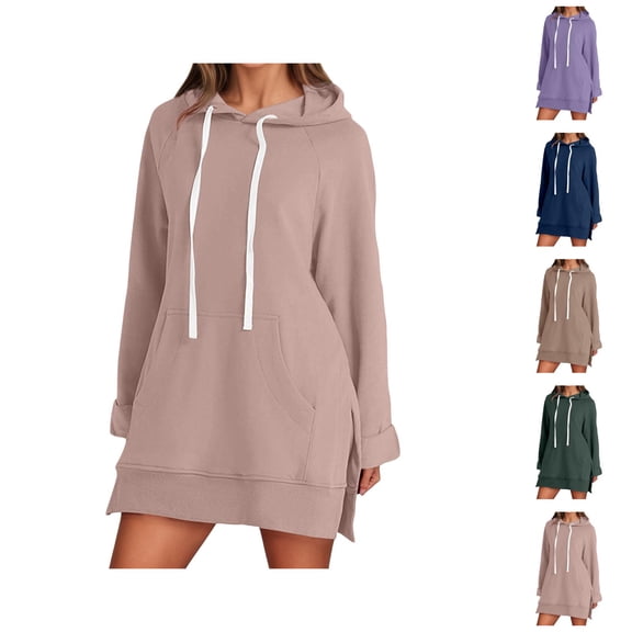 Womens Sweatshirt Dress 2026 Fall Winter Trendy Long Sleeve Side Split Hem Hoodie Dress with Pockets Pullover Top