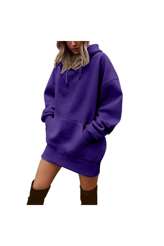 Womens Sweatshirt Dress Long Sleeve Hoodies Mini Dresses with Pockets Color: Purple Size: XXS