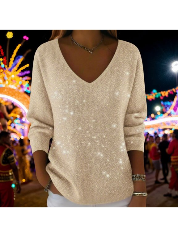 Womens Sweatshirt Drop Shoulder V Neck Pullover Gradient Print Long Sleeve Top Casual Sweatshirt for Women Beige S