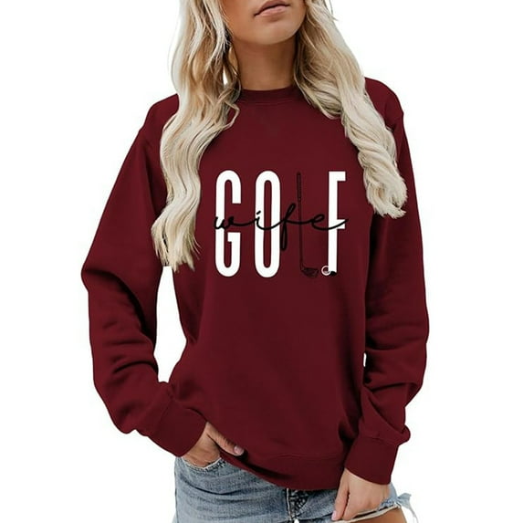Womens Sweatshirt Fall Golf Letter Print Sweatshirt Oversize Crewneck Long Sleeve Top with Ribbed Hem Hoodies for Women L