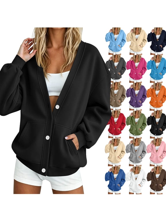Womens Sweatshirt Fall Trendy Casual V-Neck Long Sleeve Button Front Cardigan Winter Loose Coat with Pockets