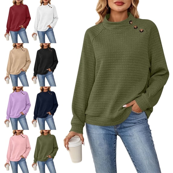 Womens T-Shirts Waffle Mock Neck Long Sleeve Pullover No Hoodies Fashion Casual Sweatshirt