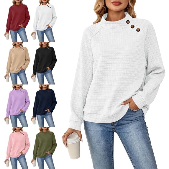 Tops for Women Waffle Mock Neck Long Sleeve Pullover No Hoodies Fashion Casual Sweatshirt