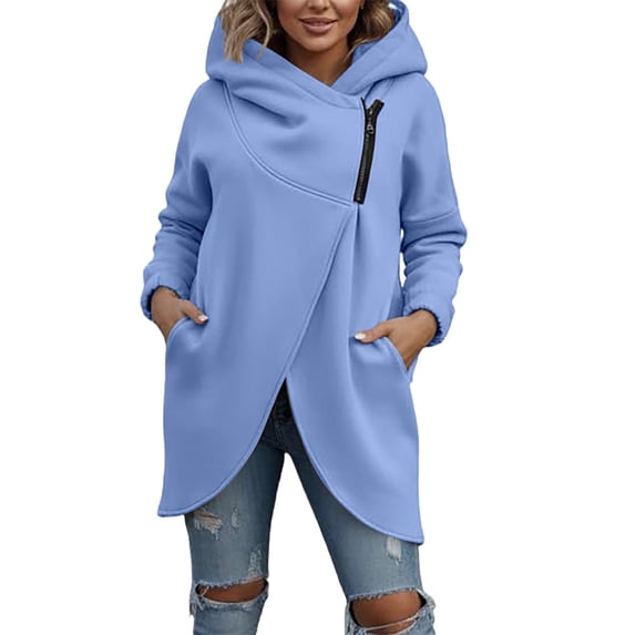 Womens Sweatshirt Fashion Hooded Asymmetric Zipper Pullover Sweatshirt Fall Winter Oversized Front Open Coat Tops With Pockets For Sweatshirt For Women