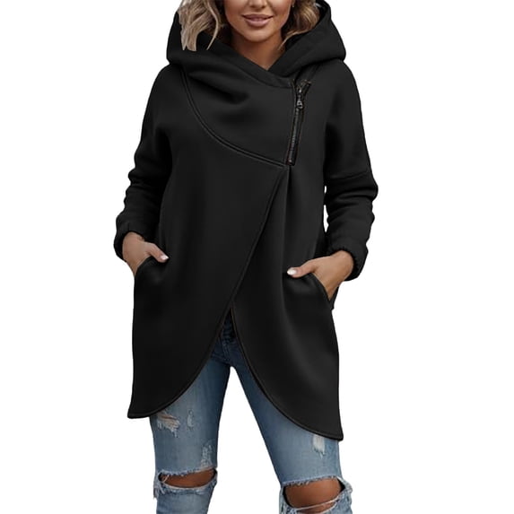 Womens Sweatshirt Fashion Hooded Asymmetric Zipper Pullover Sweatshirt Fall Winter Oversized Front Open Coat Tops With Pockets For Sweatshirt For Women