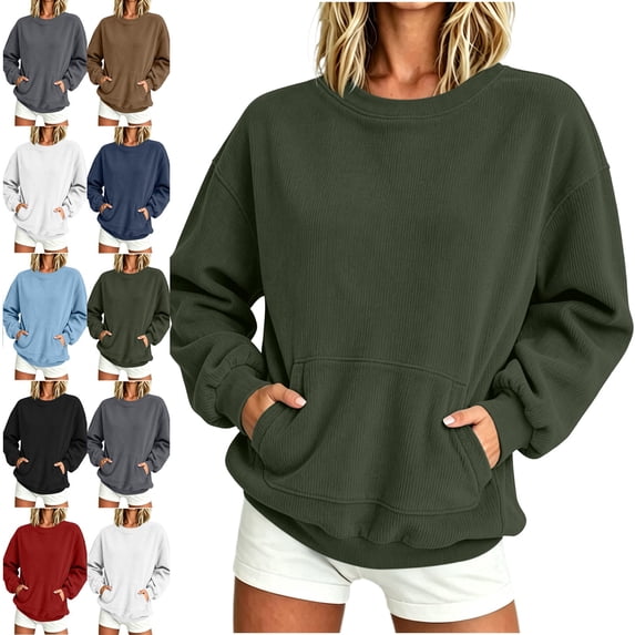 Womens Sweatshirt Fashion Lightweight Fall Corduroy Sports Long Sleeve Pocket Sweatshirt Top