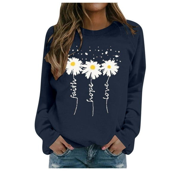 Womens Sweatshirt Flower Print Fall Crewneck Sweatshirt Long Sleeve Basic Pullover Top Fall Stretchy Casual Tops Hoodies for Women Navy XL