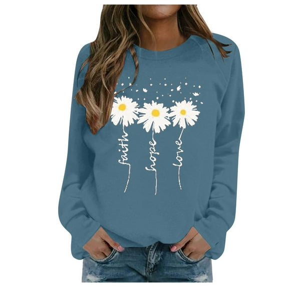 Womens Sweatshirt Flower Print Fall Crewneck Sweatshirt Long Sleeve Basic Pullover Top Fall Stretchy Casual Tops Hoodies for Women Sky Blue S