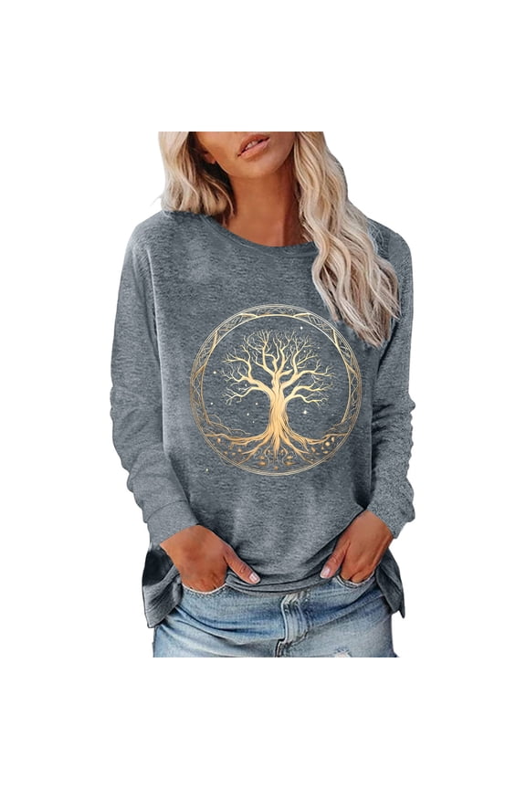 Womens Sweatshirt Graphic Crewneck Sweatshirt Fall Soft Cotton Blend Trendy Tree Printed Pullover Hoodie Hoodie Women Grey XL