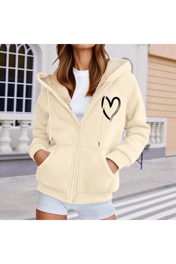 Womens Sweatshirt Heart Print Long Sleeve Hooded Zip Up Sweatshirt Relaxed Fit Warm Cozy Soft Trendy Everyday Pullover Women Hoodies