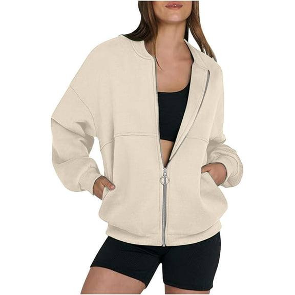 Womens Sweatshirt Jacket No Hood Front Zip Solid Baggy Fall Coats with Pockets Comfy Long Sleeve Outerwear, Beige XL