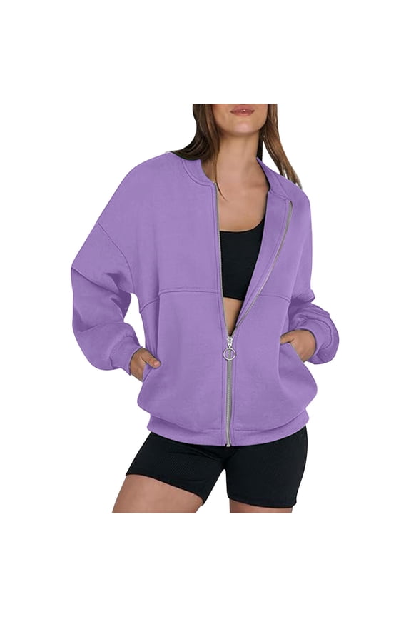 Womens Sweatshirt Jacket No Hood Front Zip Solid Baggy Fall Coats with Pockets Comfy Long Sleeve Outerwear, Purple XL