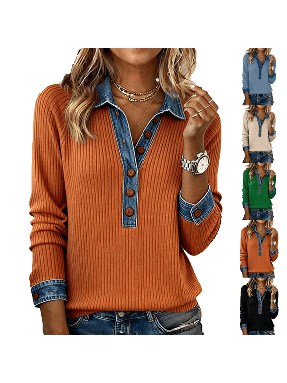 Womens Sweatshirt Knit Denim Patchwork Long Sleeve Tops Button Up Jean Shirts, 2026 Fashion, Fall Clothes, Sweatshirts for Women, Casual Pullover, Blouses