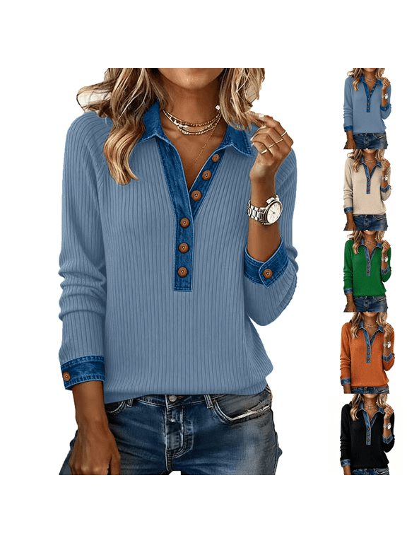 Womens Sweatshirt Knit Denim Patchwork Long Sleeve Tops Button Up Jean Shirts, 2026 Fashion, Fall Clothes, Sweatshirts for Women, Casual Pullover, Blouses