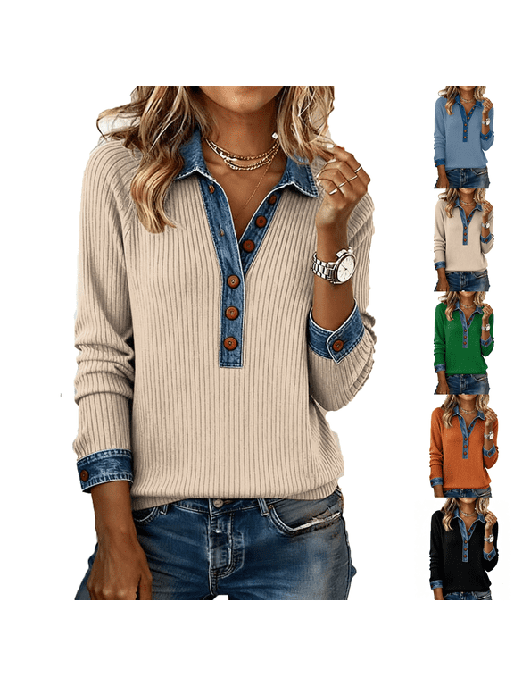 Womens Sweatshirt Knit Denim Patchwork Long Sleeve Tops Button Up Jean Shirts, 2026 Fashion, Fall Clothes, Sweatshirts for Women, Casual Pullover, Blouses