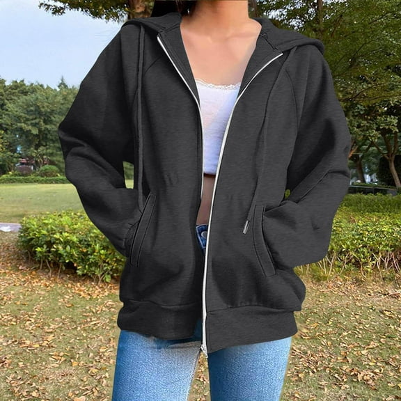 Womens Sweatshirt Long Sleeve Casual Pockets Hoodied Fall Dark Gray Jackets 2025 Winter Clothes S-3XL