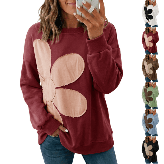Womens Sweatshirt Long Sleeve Crew Neck Casual Lightweight Soft Sweatshirts Loose Pullover Tops Floral Clothes
