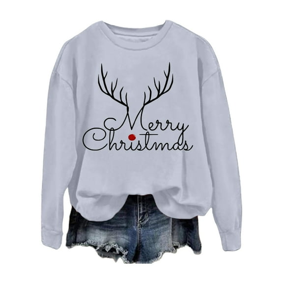 Womens Sweatshirt Long Sleeve Crew Neck Christmas Printed Pullover Tops Winter Loose Casual Cozy Soft Fall Women Sweatshirt Light Gray M