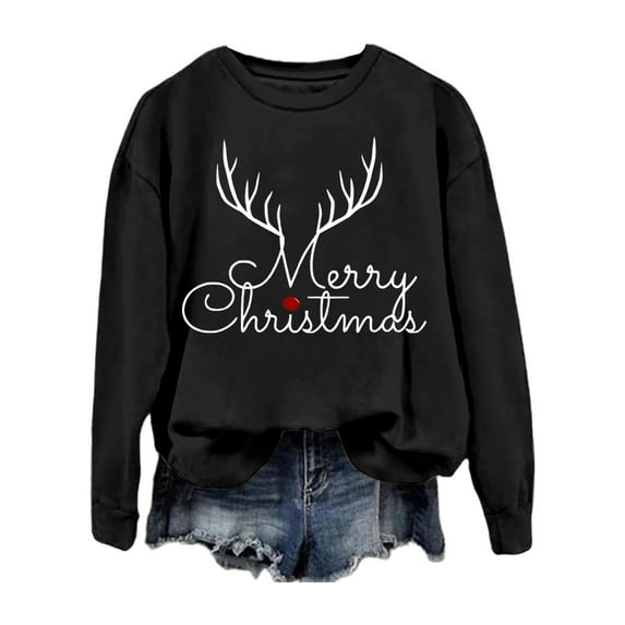 Womens Sweatshirt Long Sleeve Crew Neck Christmas Printed Pullover Tops Winter Loose Casual Cozy Soft Fall Womens Sweatshirts Black S