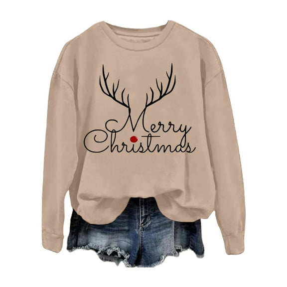 Womens Sweatshirt Long Sleeve Crew Neck Christmas Printed Pullover Tops Winter Loose Casual Cozy Soft Fall Womens Sweatshirts Khaki XXL