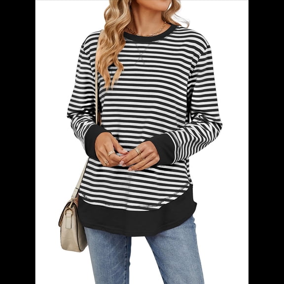 Womens Sweatshirt Long Sleeve Crewneck Striped Sweatshirt for Women Fall Tops Pullover Sweatshirts Black & White XL