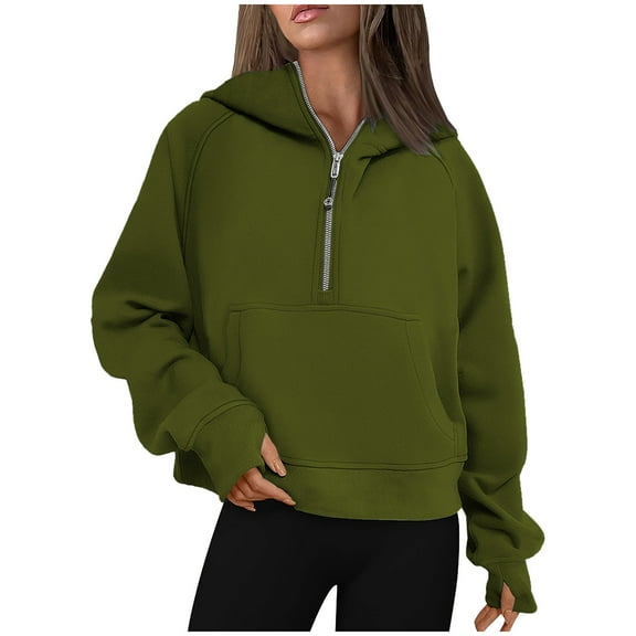 Womens Sweatshirt Long Sleeve Half Zip V Neck Casual Loose Cropped Fleece Solid Color Pullover Hoodies Tops with Pocket,Army Green,XL
